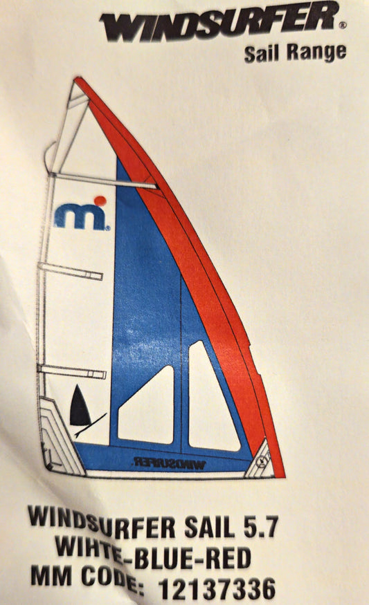 Mistral Windsurfer LT 5.7 Full Rig W/ Blue / Red / White sail